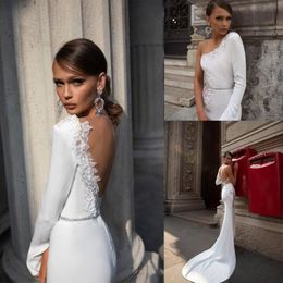 Bohemian Julie vino Mermaid Wedding Dresses One Shoulder Princess Gown Sweep Train Satin Lace Crystal Backless Bridal Gowns2518