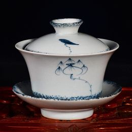 Hand-painted retro gaiwan blue and white porcelain tea cover Jingdezhen ceramic Sancai tea bowl ancient teacup301i