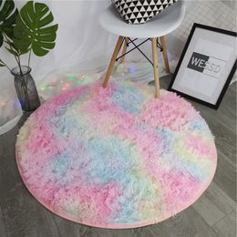 Rainbow Colourful Soft Fluffy Carpet Girl Round Hairy Area Rug For Bedroom Decoration Carpet shaggy Beside Mat Princess Style Y2005341p