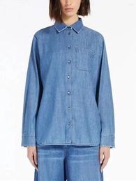 Women's Blouses Classic Blue Denim Shirt Single-Breasted Early Spring 2024 Ladies Asymmetric Hem Turn-Down Collar Long-Sleeved Blouse