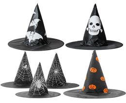 Adult Kids Witch Hat Pumpkin Spider Bat Web Skull Printed Wizard Hat Halloween Cosplay Costume Accessory Cap Party Decoration JK197862824