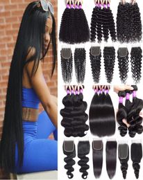 Peruvian Virgin Human Hair Bundles With Closure Deep Wave Straight Curly Hair Extension Cheap Human Hair Weave Bundles With 4x4 La7447190