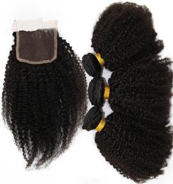 7A Human Hair Weave Brazilian Afro Kinky Curly With Closure Middle Three Part Lace Closure With Bundles 7755539