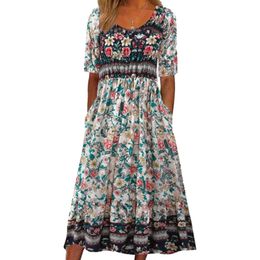 Women Casual Bohemian Dresses Floral Print Short Sleeve Dress Summer Loose Crewneck Plus Size A-Line Dresses with Pockets