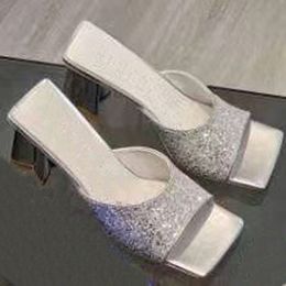 New sequin square toe slippers, flat heel leather herringbone slippers, leather slippers, summer beach sandals 35-42