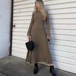 Casual Dresses We.Fine 2024 Ladies Pleated A-line Maxi Robe O-neck Women Knitted Long Dress Autumn Elegant Ribbed Sleeve Bodycon