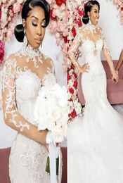 Plus Size Arabic Aso Ebi Lace Beaded Mermaid Wedding Dress High Neck Sheer Neck Long Sleeves Vintage Sexy Bridal Gowns Dresses9343382