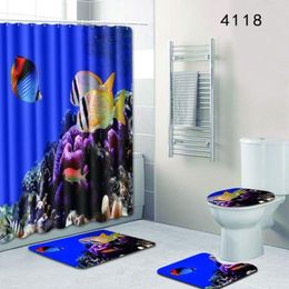 180X180cm Shower Curtain Bath Mat Set Ocean Dolphin Deep Sea Bathroom Waterproof with 12 Hooks Toilet Cover Bath Mat Set201H