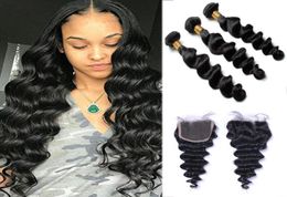 Brazilian Loose Deep Wave Human Hair Weaves 3 Bundles with 4x4 Lace Closure Double Weft Dyeable 100grambundle3572365