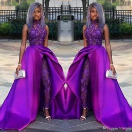2022 Purple Jumpsuits Prom Dresses With Detachable Train High Neck Lace Appliqued Bead Evening Gowns Luxury African Party Gowns PR282c