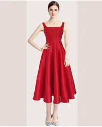 Casual Dresses French Temperament Red Sling For Women High Waist Slim Big Swing Solid Evening Dress 2024 Clothing