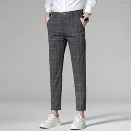 Men's Pants Spring And Summer Plaid Work Stretch Anlkle Length Men Cotton Business Slim Light Grey Black Male Brand Trouser 38