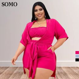 Sets 2022 Elegant Solid Color Lace Up Summer Outfits Women Sexy Tube Top Plus Size Three Piece Short Sets Wholesale Dropshipping