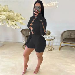 2024 Designer Hollow Out Rompers Spring Women Spring Patchwork Jumpsuits Sexy Long Sleeve See Through Playsuits Club Wear Wholesale Clothes