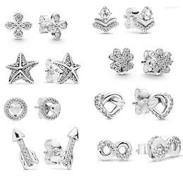 Stud Earrings Authentic 925 Sterling Silver Earring Knotted Hearts Starfish Classic Wishes Petal Flowers Sparkling
