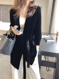 Women's Suits Spring Autumn Velvet Blazers Jacket With Sashes Female Notched Outerwear Office Ladies Coat Loose Black Blazer