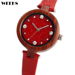 Wristwatches Women Wood Watch Rhinestone Diamond Small Leather Band Ladies Watches Bamboo Wooden Wristwatch Female Clock Relogio M297W