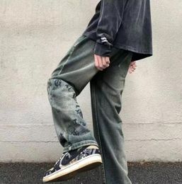 Men's Jeans Ins Fashionable Loose Wide-Leg Ripped Retro Four Seasons Trendy Handsome Straight Pants