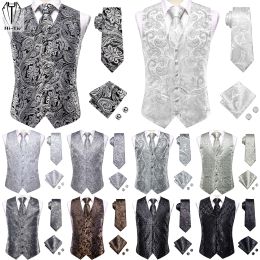 Vests HiTie Luxury Silk Mens Waistcoat Tie Set White Black Grey Silver Brown Sleeveless Jacket Suit Vest Necktie Hanky Cufflinks Gift