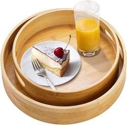 Bamboo Round Serving Tray Wood Tray with Handles Natural Wooden Tray for Ottoman Kitchen Coffee Table3740065