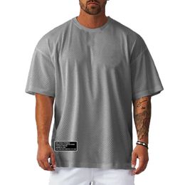 Mesh Oversized Half Sleeve Fitness Mens T Shirt Streetwear Hip Hop Loose Sportswear Gym Clothing Tshirt Bodybuilding 240301