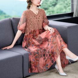 Party Dresses Spring Summer Floral Silk Short Leeve Midi Dress Women Boho Fashion Light Casual 2024 Korean Vintage Elegant