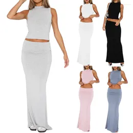 Work Dresses Women Summer Two Piece Dress Set Navel Exposed Long Skirt With Crop Tank Top Crew Neck Cocktail Party Clothing Clubwear