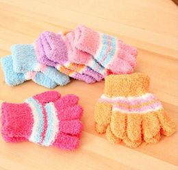 coral fleece warm gloves Children winter warm Finger Gloves Baby five fingers warm gloves mittens Colourful stripe mittens for 25 8477720