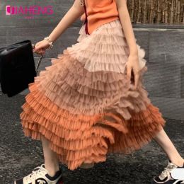 Dresses Jiaheng Mumu Fairy Skirt Women Pleated Mesh Elastic Waist Layered Cake Skirt 2022 New Female Elegant Skirt Faldas Mujer Moda