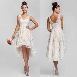 2019 Summer Short Beach Wedding Dresses V Neck A Line High Low Hem Ivory Lace Informal Bridal Gowns212x