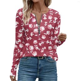 Women's T Shirts Fashion T-Shirt Floral Print Casual Loose Quarter Zip Long Sleeve V Neck Top Tops T-shirts