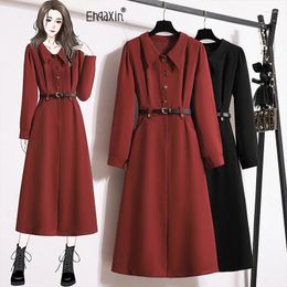 Casual Dresses EHQAXIN 2024 Autumn Winter Women's Dress Polo Neck Loose And Versatile Long A-Line With Belt M-4XL