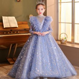 Sleeves Princess Flower Girls Dresses For Wedding New 2024 Crystals Lace Appliques Lanvender Brithday Party Kids Formal Wear Toddler Long Pageant Dress 403