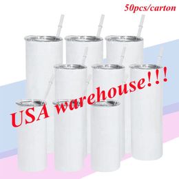 Local Warehouse20oz sublimation straight tumbler blank white skinny tumblers seamless water bottle with straw and lids 50pcs ca263l