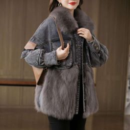 Fur New Haining 2024 Coat Women's Young And Fashionable Denim Splicing Fox Faux Down Jacket Short Style 4201