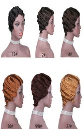 27 Honey Blonde Pixie Cut Finger Wave Short Human Hair Wig Full Machine Made Malaysian Remy Ocean Wave Glueless Bob Wig For Black7692889