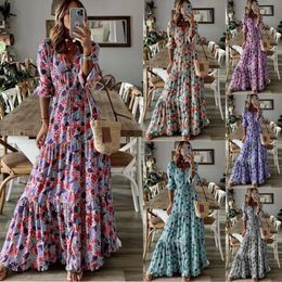 Summer Womens Elegant Holiday Dresses V Neck Printed Large Swing Long Dress