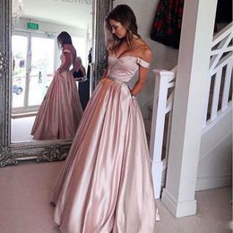 Blush Pink Prom Dresses With Sash Beads Sequins Off The Shoulder A Line Satin Party Dresses Pleats Formal Cocktail Evening Gowns262I