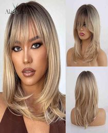 ALAN EATON Synthetic Wigs Long Straight Layered Hairstyle Ombre Black Brown Blonde Gray Ash Full Wigs with Bangs for Black Women Y9630386