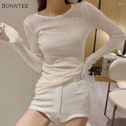 Women's T Shirts Summer T-shirts Women Long-sleeve Elastic Leisure Solid Breathable Tees Soft Sexy Daily Tops O-neck Korean Style Sunscreen