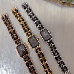 handmade custom size fashoin two row stainless steel chain braidied leather women watch boyfriend rectangle boy-friend wristwatch 220x