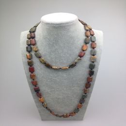 ST0004 Square picasso jasper Bead 42 inch Knotted Long semi precious stone necklaces New Design Necklace 268u