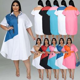 Fashion Casual Dresses Plus Size Womens Loose Stitching Contrast Color Short Sleeve Zipper Dress