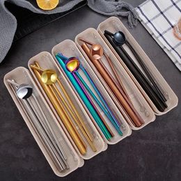 Stainless Steel Drink Pearl Milkshake Bubble Tea Straw Spoon Bar Accessories Colourful Reusable Metal Drinking Sets Straws278G