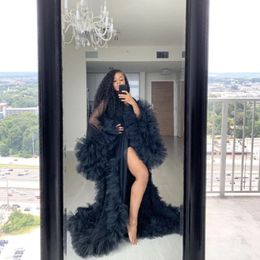 2020 New Chic See Thru Tulle Ruffles Black Long Kimono Tiered Ruched A-line Prom Gowns Puffy Sleeves African Cape Cloak240D