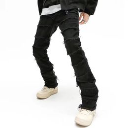 Dark Streetwear Black Baggy Grunge Stacked Jeans Y2K Pants Men Patchwork Hip Hop Straight Denim Trousers Pantalones Hombre 240305
