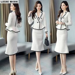 Spring Luxury Business Knee Length Tweed Skirt Suits for Women Jacket and Long Skirts Office Lady 2 Piece Work Wear Blazer Set 240305