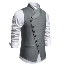 Men's Vests Sloping Collar Men Vest Solid Color Waistcoat Slim Fit Sleeveless Wedding With Lapel For Party