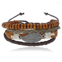 Charm Bracelets Vintage Retro Leaf Bracelet Adjustable Multilayer Weave Leather Wood Beads Wrap Bangle Wristband Fashion Women Men Jewellery