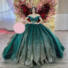 Luxury Green Shiny Quinceanera Dress Off Shoulder Beads Tull Sweet 16 Ball Gown Dress Vestidos 15 De XV Anos Brithday